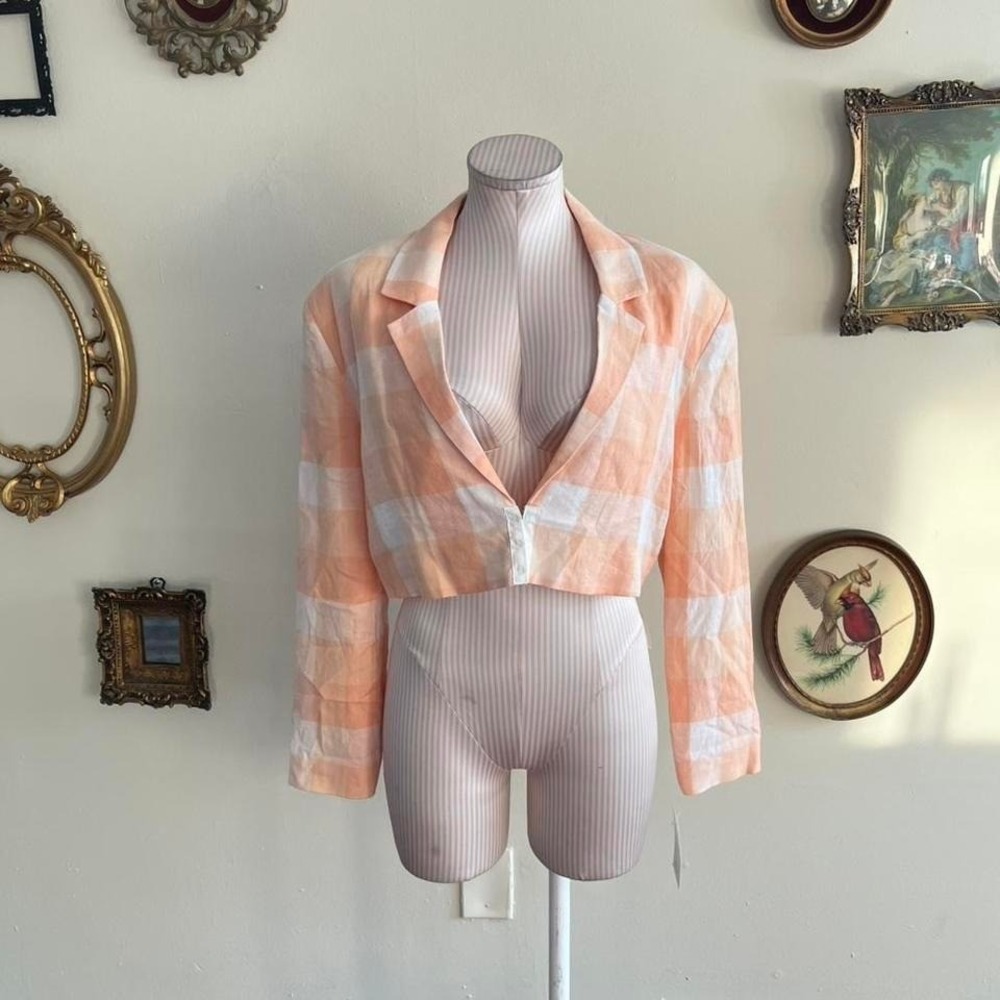 For Love & Lemons Peach pastel Gingham Cropped Blazer Jacket